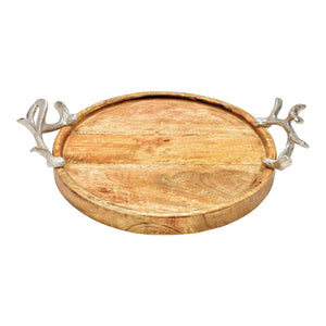 Deko-Tablett aus Mangoholz & Metall, Braun, Mit Geweih-Henkel – Antler | Wurm