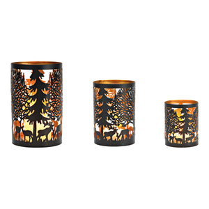 Windlicht-Set mit schwarzem & goldfarbenem Metall Winterszenen-Motiven & 3 Größen | Wurm