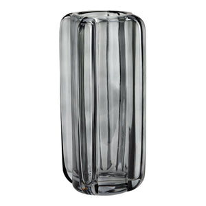 Vase aus grauem Glas mit hoher zylindrischer Form glatter Oberfläche & dekorativem Stil  | Wurm