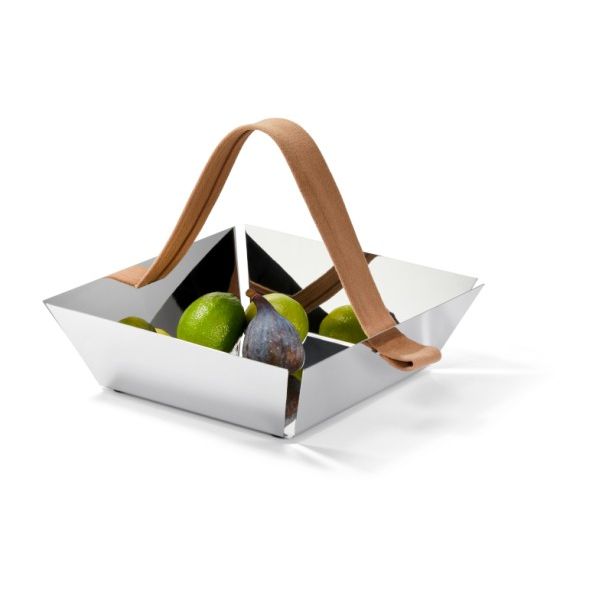 High-gloss polished stainless steel fruit bowl with practical linen carrying handle – A Tavola | Philippi