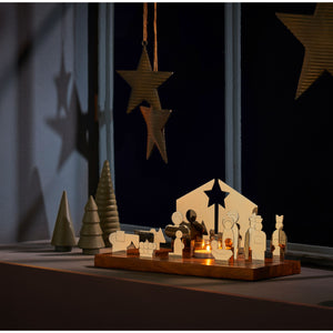 Weihnachtsdekoration mit Edelstahlfiguren Rosenholz-Basis & Glaseinsatz – Bethlehem | Philippi