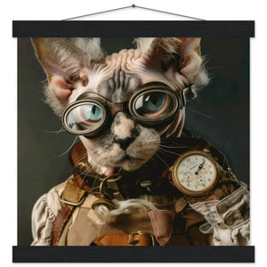 Schulposter - Steampunk-Vintage Devon-Rex Katzenmotiv, mattes FSC-Papier, magnetische Holzleisten | St Tropez Art