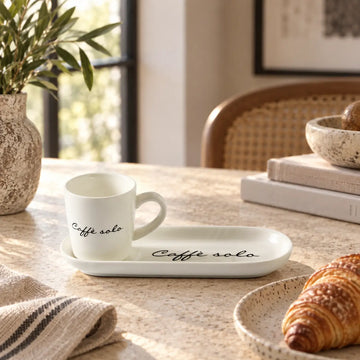 Tassen- und Untertassen-Set aus Porzellan mit Text, 85 ml, 1 Stück – Caffè Solo 2-teilig | Rivièra Maison