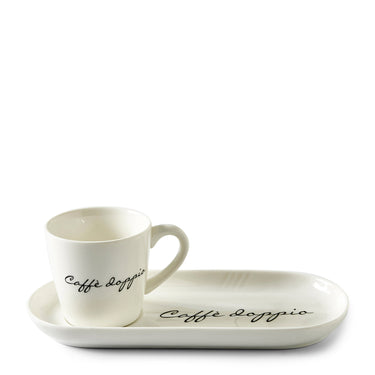 Tassen - und Untertassen - Set aus Porzellan mit Text, 85 ml, 2 Stück – Caffè Solo 2 - teilig | Rivièra Maison - Esszett Luxury | Stilvolles Wohnen mit Charakter