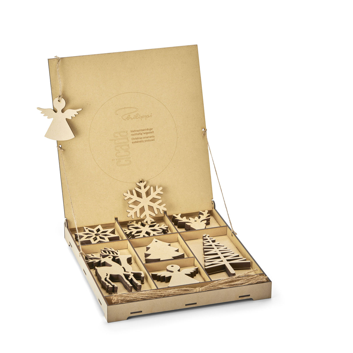 Christbaumschmuck – Naturholz rustikale Motive mehrteilige Anhängerform – Cicada | Philippi