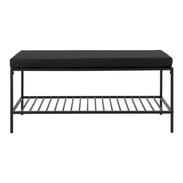 Bench – upholstered seat cushion, integrated shelf, black metal legs – Vita | House Nordic