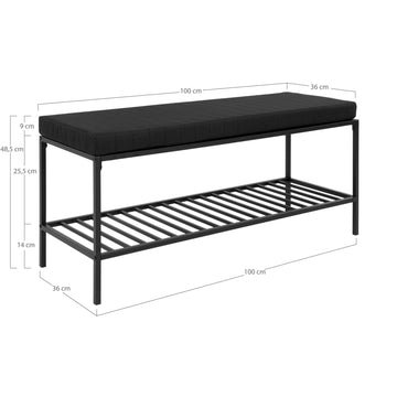 Bench – upholstered seat cushion, integrated shelf, black metal legs – Vita | House Nordic