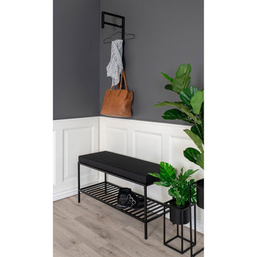 Bench – upholstered seat cushion, integrated shelf, black metal legs – Vita | House Nordic