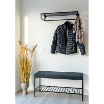 Bench – upholstered seat cushion, integrated shelf, black metal legs – Vita | House Nordic