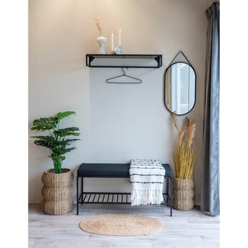 Bench – upholstered seat cushion, integrated shelf, black metal legs – Vita | House Nordic
