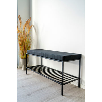 Bench – upholstered seat cushion, integrated shelf, black metal legs – Vita | House Nordic