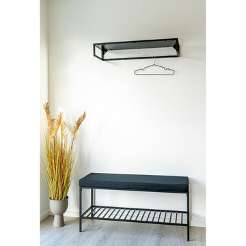 Bench – upholstered seat cushion, integrated shelf, black metal legs – Vita | House Nordic