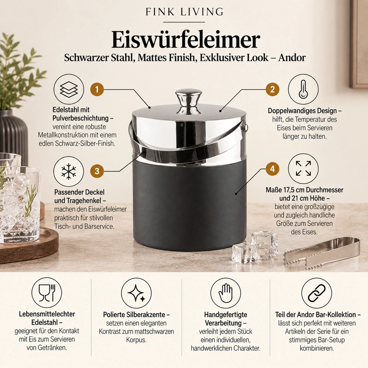 Eiswürfeleimer – Schwarzer Stahl, Mattes Finish, Exklusiver Look - Andor | Fink Living