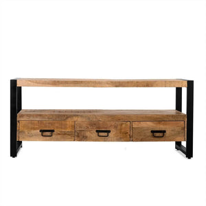 TV-Möbel – Mangoholz Oberfläche, Schwarzes Stahlgestell, Schubladenfunktion, 150 cm - Britt | Benoa