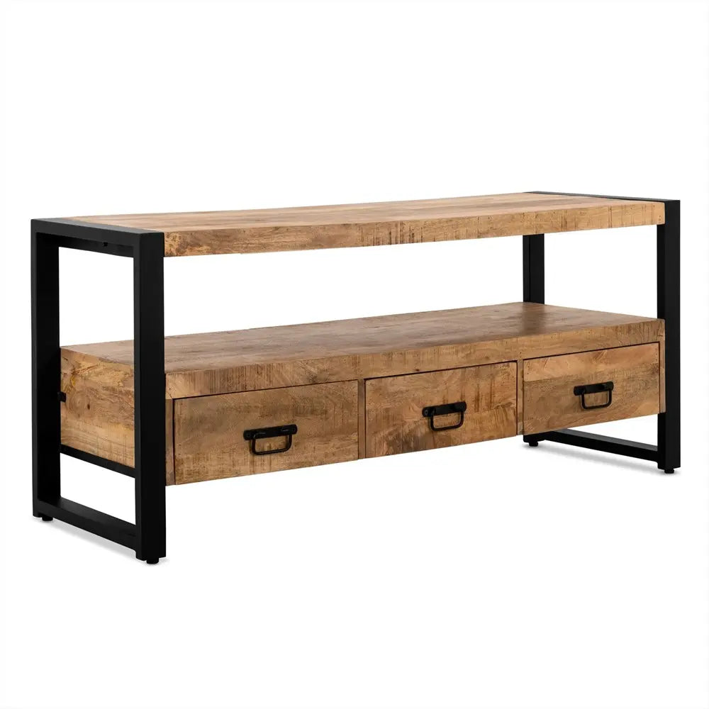 TV-Möbel – Mangoholz Oberfläche, Schwarzes Stahlgestell, Schubladenfunktion, 150 cm - Britt | Benoa