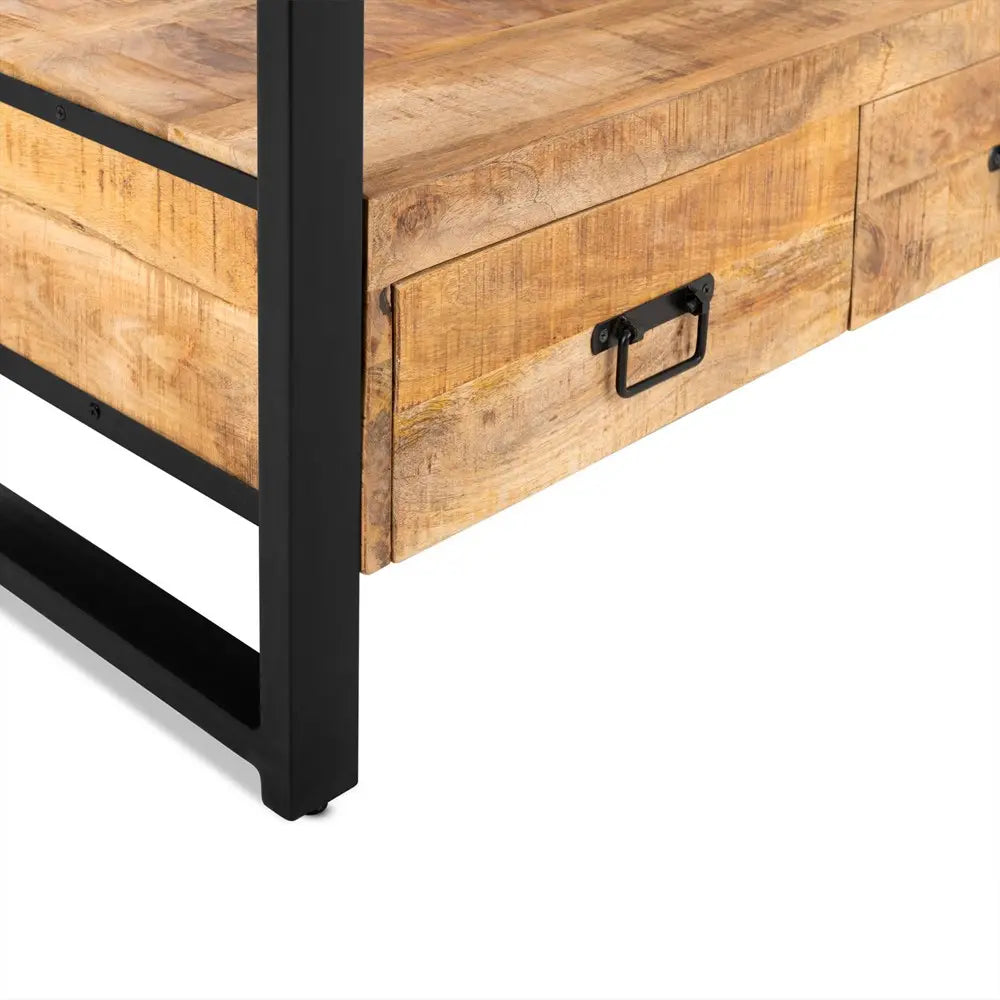 TV-Möbel – Mangoholz Oberfläche, Schwarzes Stahlgestell, Schubladenfunktion, 150 cm - Britt | Benoa