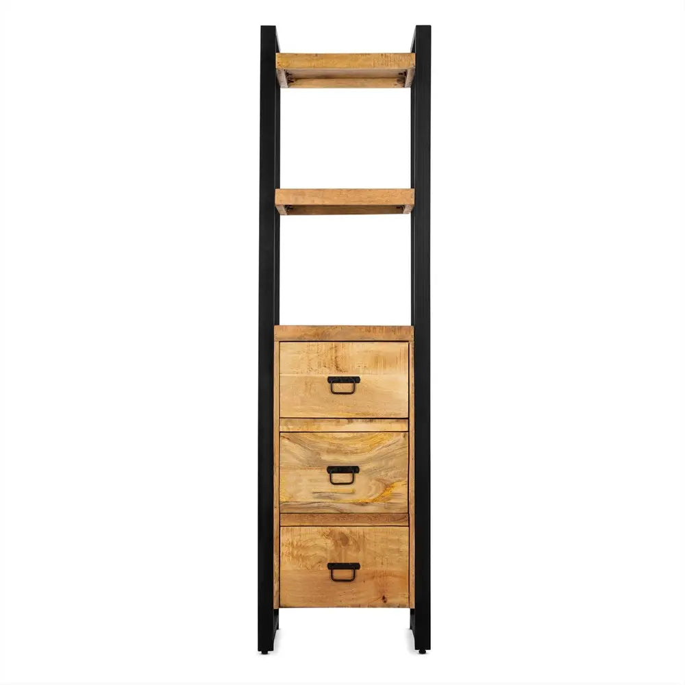Bücherregal – Mangoholz Oberfläche, Metallgestell, Schubladen Fächer – Britt | Benoa