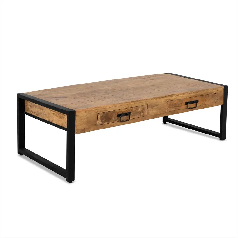 Couchtisch – Natürliches Mangoholz, Schwarzer Stahl, Praktische Schubladen, 140 cm - Britt | Benoa