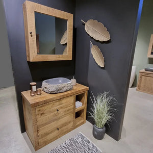 Badezimmerschrank – Massives Mangoholz, Verspiegelte Tür, Verdeckter Stauraum, 80 cm - Benoa | Benoa