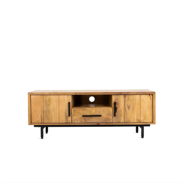 TV-Möbel – Glattes Mangoholz, Schwarze Stahlfüße, Klarer Lack, 150 cm - Jayden | Benoa
