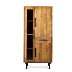 Vitrinenschrank – Glattes Mangoholz, Glaselement, Schwarze Stahlfüße, 85 cm - Jayden | Benoa