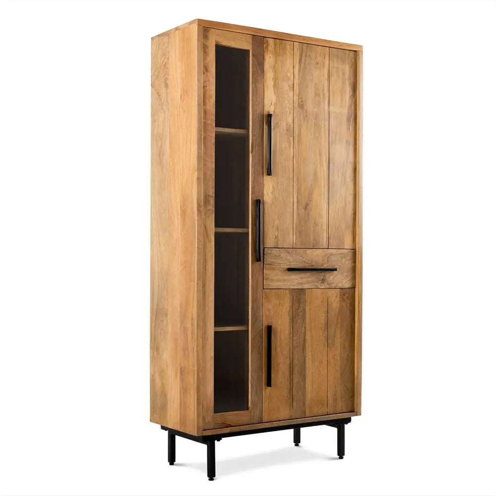Vitrinenschrank – Glattes Mangoholz, Glaselement, Schwarze Stahlfüße, 85 cm - Jayden | Benoa