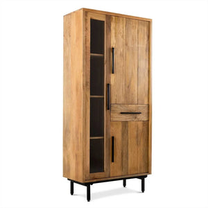 Vitrinenschrank – Glattes Mangoholz, Glaselement, Schwarze Stahlfüße, 85 cm - Jayden | Benoa