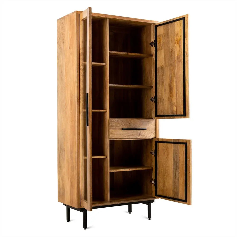 Vitrinenschrank – Glattes Mangoholz, Glaselement, Schwarze Stahlfüße, 85 cm - Jayden | Benoa