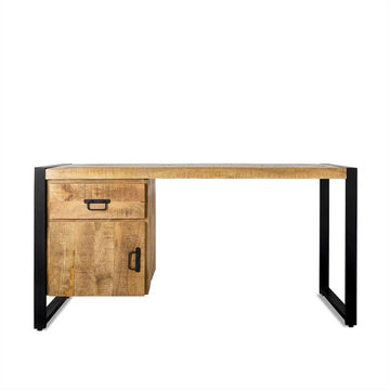 Schreibtisch – Natürliches Mangoholz, Schwarzes Stahlgestell, Tür Schublade, 145 cm - Britt | Benoa