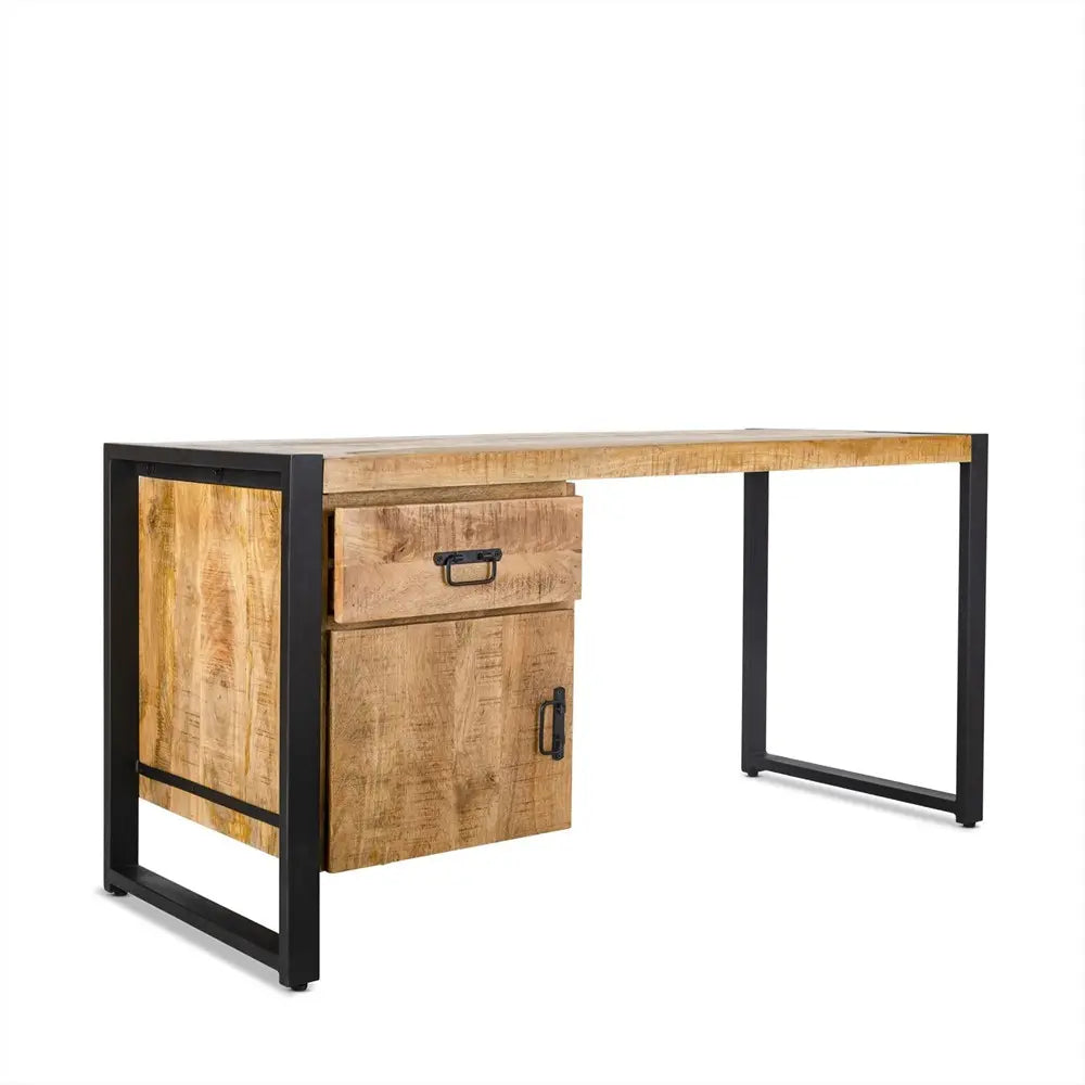Schreibtisch – Natürliches Mangoholz, Schwarzes Stahlgestell, Tür Schublade, 145 cm - Britt | Benoa