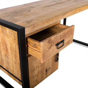 Schreibtisch – Natürliches Mangoholz, Schwarzes Stahlgestell, Tür Schublade, 145 cm - Britt | Benoa