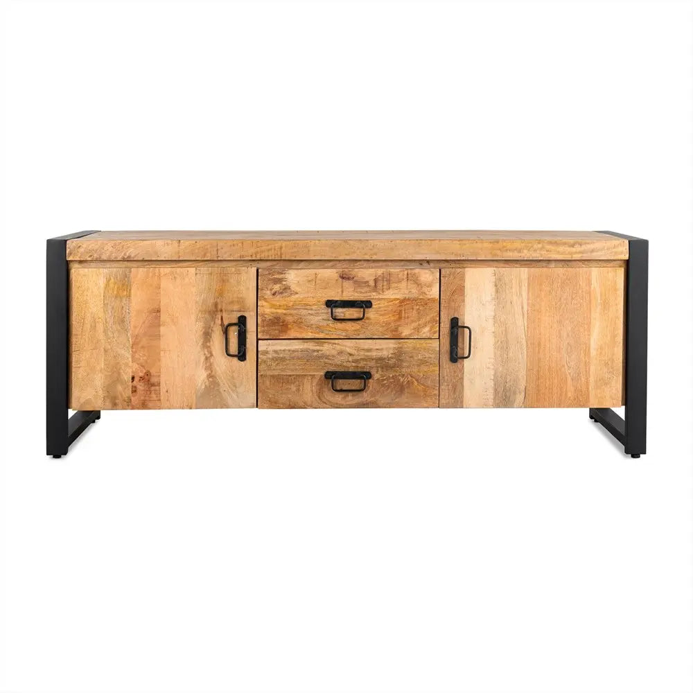 TV-Möbel – Mangoholz Oberfläche, Schwarzes Stahlgestell, Natürliche Oberfläche, 150 cm - Britt | Benoa