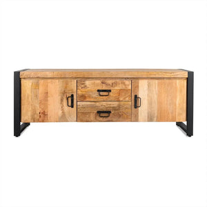 TV-Möbel – Mangoholz Oberfläche, Schwarzes Stahlgestell, Natürliche Oberfläche, 150 cm - Britt | Benoa