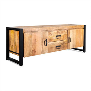 TV-Möbel – Mangoholz Oberfläche, Schwarzes Stahlgestell, Natürliche Oberfläche, 150 cm - Britt | Benoa
