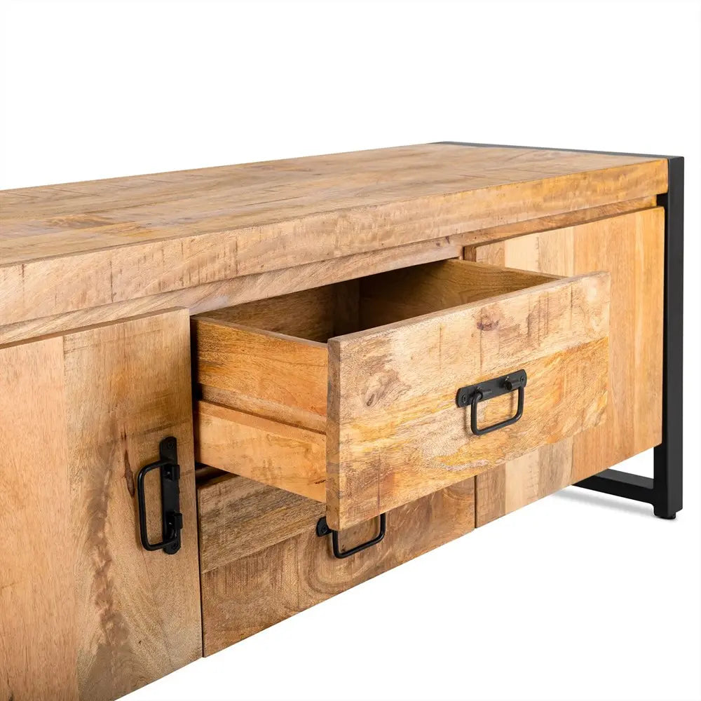TV-Möbel – Mangoholz Oberfläche, Schwarzes Stahlgestell, Natürliche Oberfläche, 150 cm - Britt | Benoa