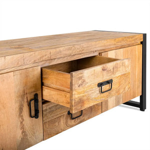 TV-Möbel – Mangoholz Oberfläche, Schwarzes Stahlgestell, Natürliche Oberfläche, 150 cm - Britt | Benoa