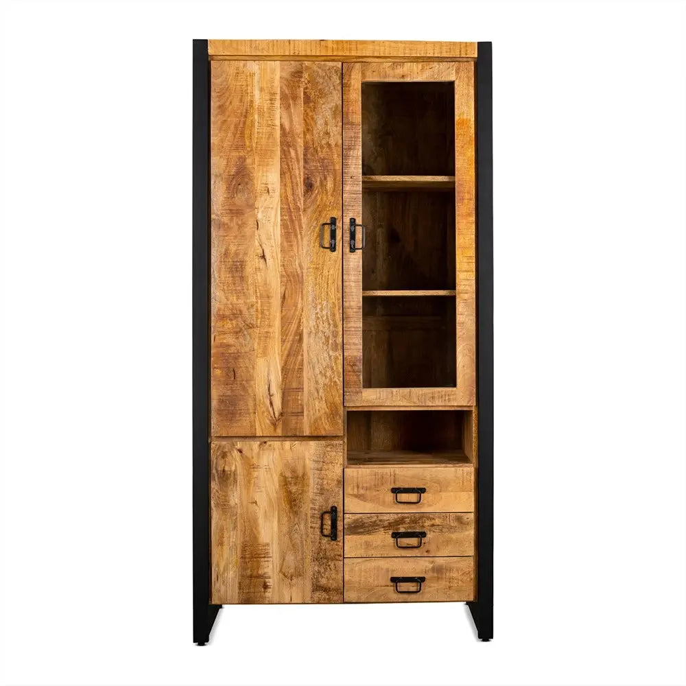 Vitrine – Natürliches Mangoholz, Schwarzes Stahlgestell, Rechte Glastür, 100 cm - Britt | Benoa