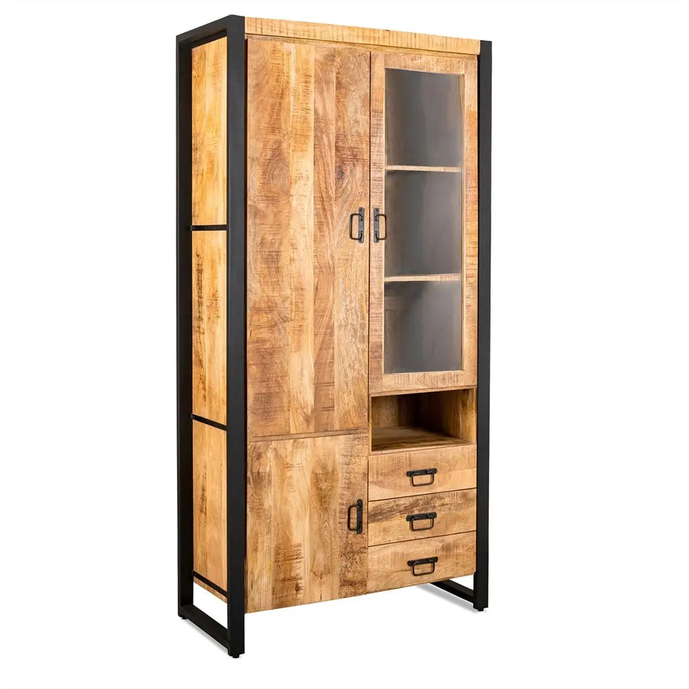 Vitrine – Natürliches Mangoholz, Schwarzes Stahlgestell, Rechte Glastür, 100 cm - Britt | Benoa