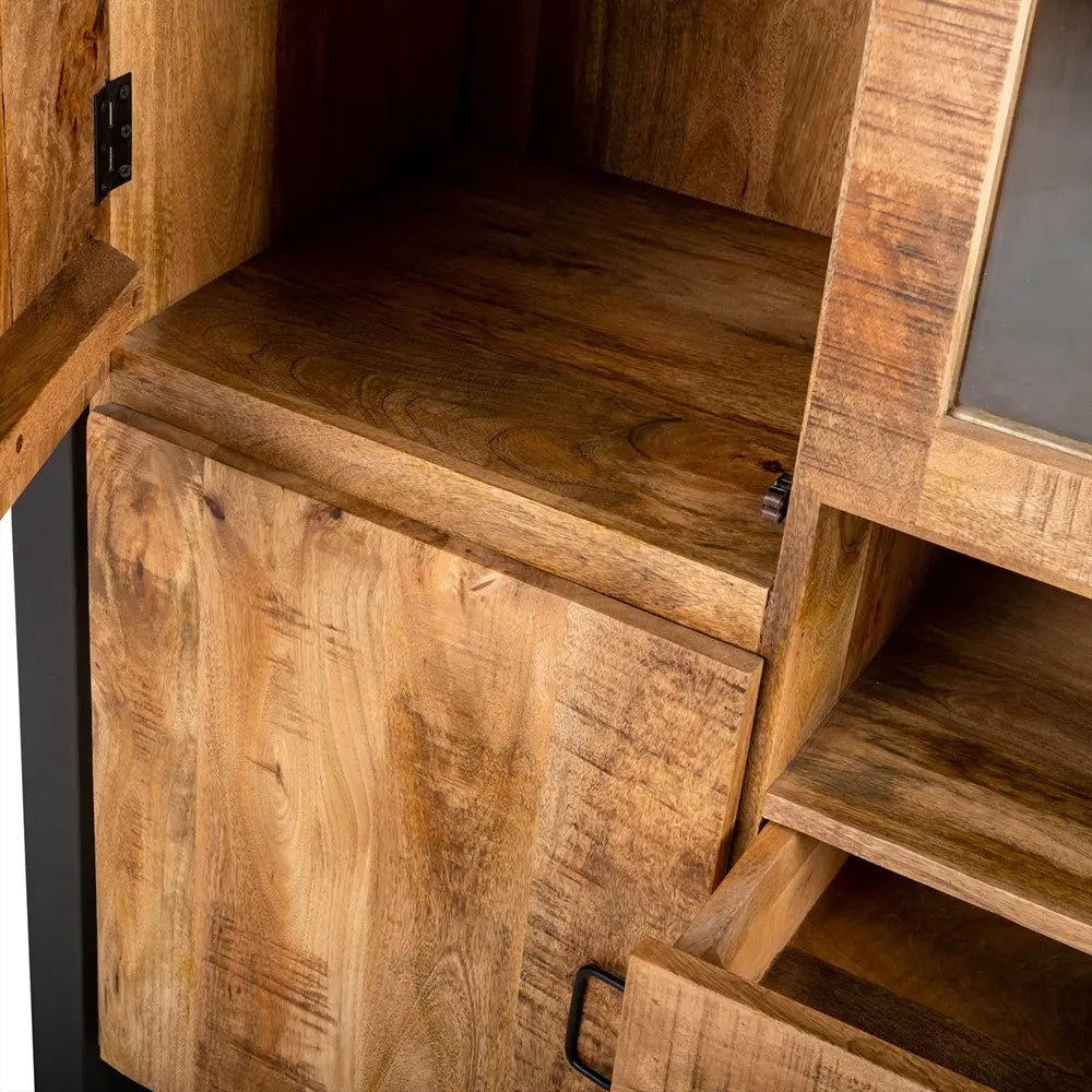 Vitrine – Natürliches Mangoholz, Schwarzes Stahlgestell, Rechte Glastür, 100 cm - Britt | Benoa
