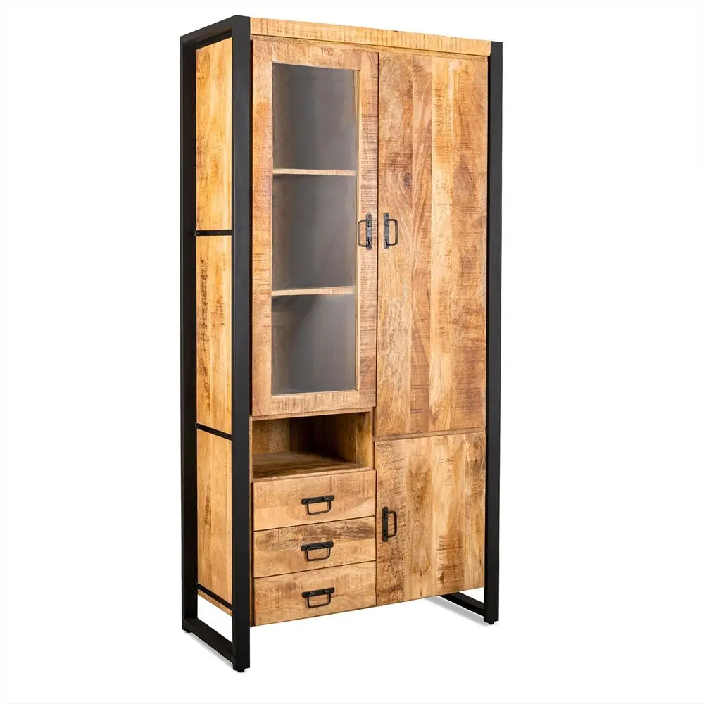 Vitrine – Natürliches Mangoholz, Schwarzes Stahlgestell, Linke Glastür, 100 cm - Britt | Benoa