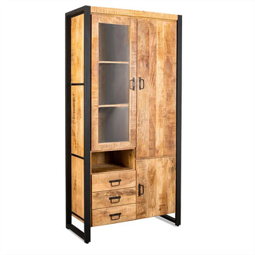 Vitrine – Natürliches Mangoholz, Schwarzes Stahlgestell, Linke Glastür, 100 cm - Britt | Benoa