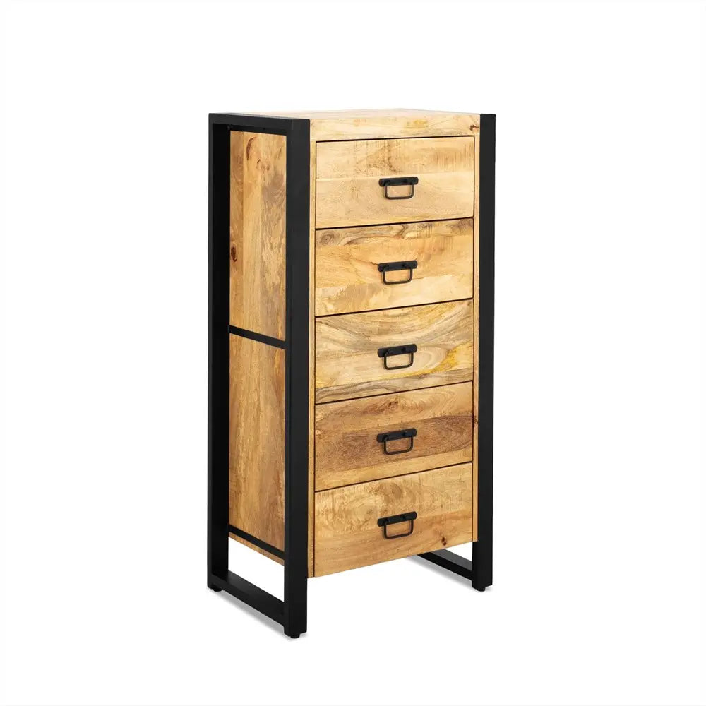 Kommode – Natürliches Mangoholz, Schwarzes Stahlgestell, Praktische Schubladen, 60 cm - Britt | Benoa
