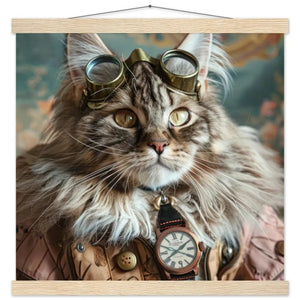 Schulposter – Maine-Coon-Katze Motiv, Steampunk-Kunstmotiv, Magnetische Holzaufhängung | St Tropez Art