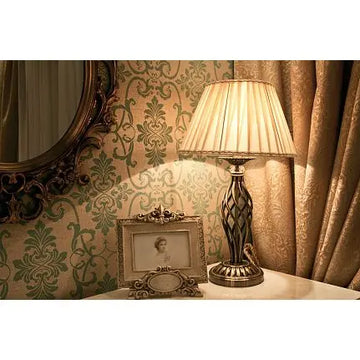 Table lamp metal base, brass finish crystal details & pleated organza shade – Grace | Maytoni