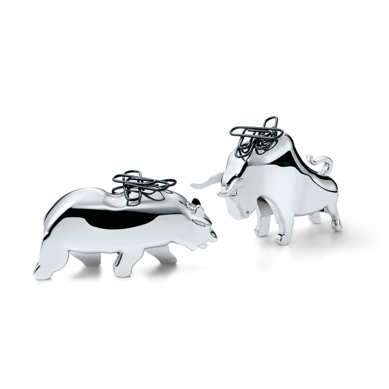 Büroklammerhalter Poliertes Nickel, Magnetisches Innenleben, Bullen-&-Bären-Design – Bull & Bear | Philippi
