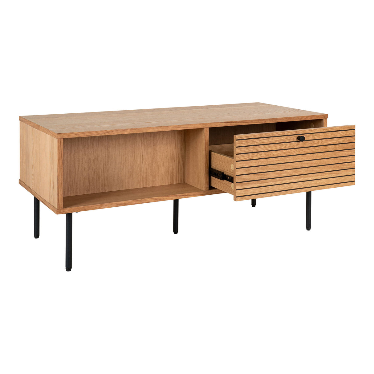 Coffee Table – Oak Veneer, Two Drawers, Black Metal – Kyoto | House Nordic