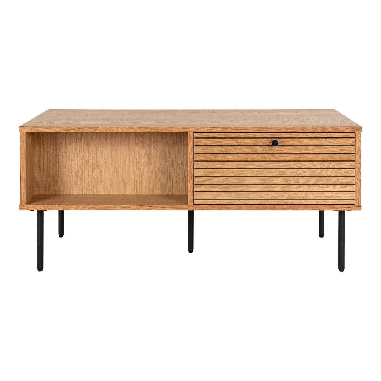 Coffee Table – Oak Veneer, Two Drawers, Black Metal – Kyoto | House Nordic