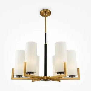Fortano | Maytoni - Chandelier Metal in Black and Brass, Six White Cylindrical Glass Shades, E27 Sockets