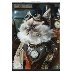 Schoolposter - männliche LaPerm Katze, Steampunk-Outfit, mattes Papier, Magnet-Holzleisten | St Tropez Art