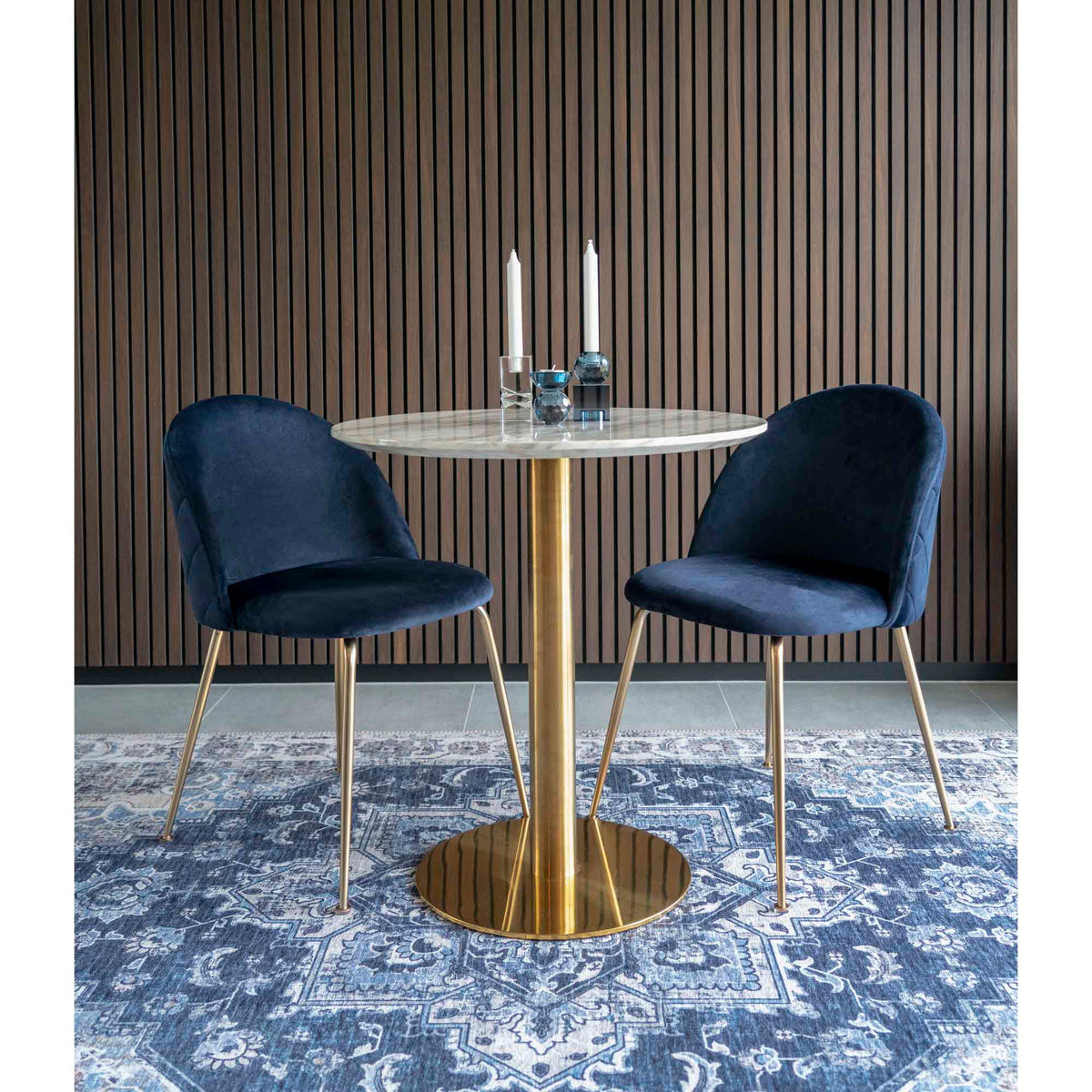 Dining Table – Marble Effect Tabletop, Brass Effect Frame, Round Design – Bolzano | House Nordic